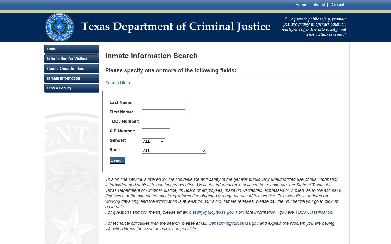Motley County inmate population TDCJ offender search form